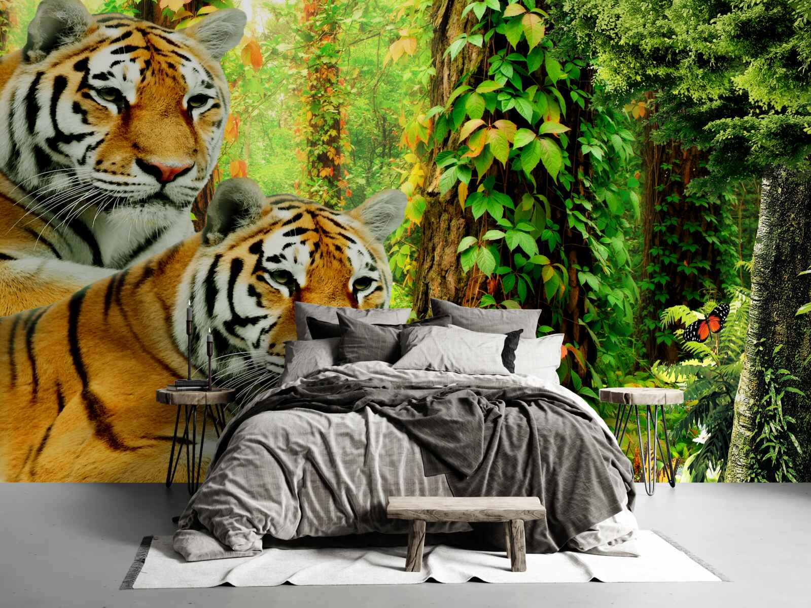 Fotobehang een tijgerfamilie in een groen woud