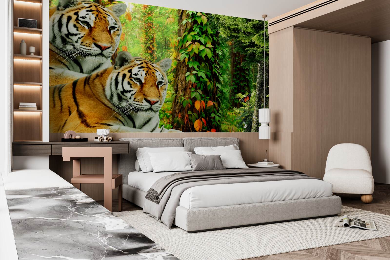 Fotobehang een tijgerfamilie in een groen woud