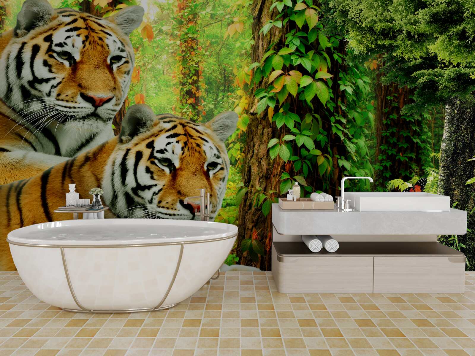 Fotobehang een tijgerfamilie in een groen woud