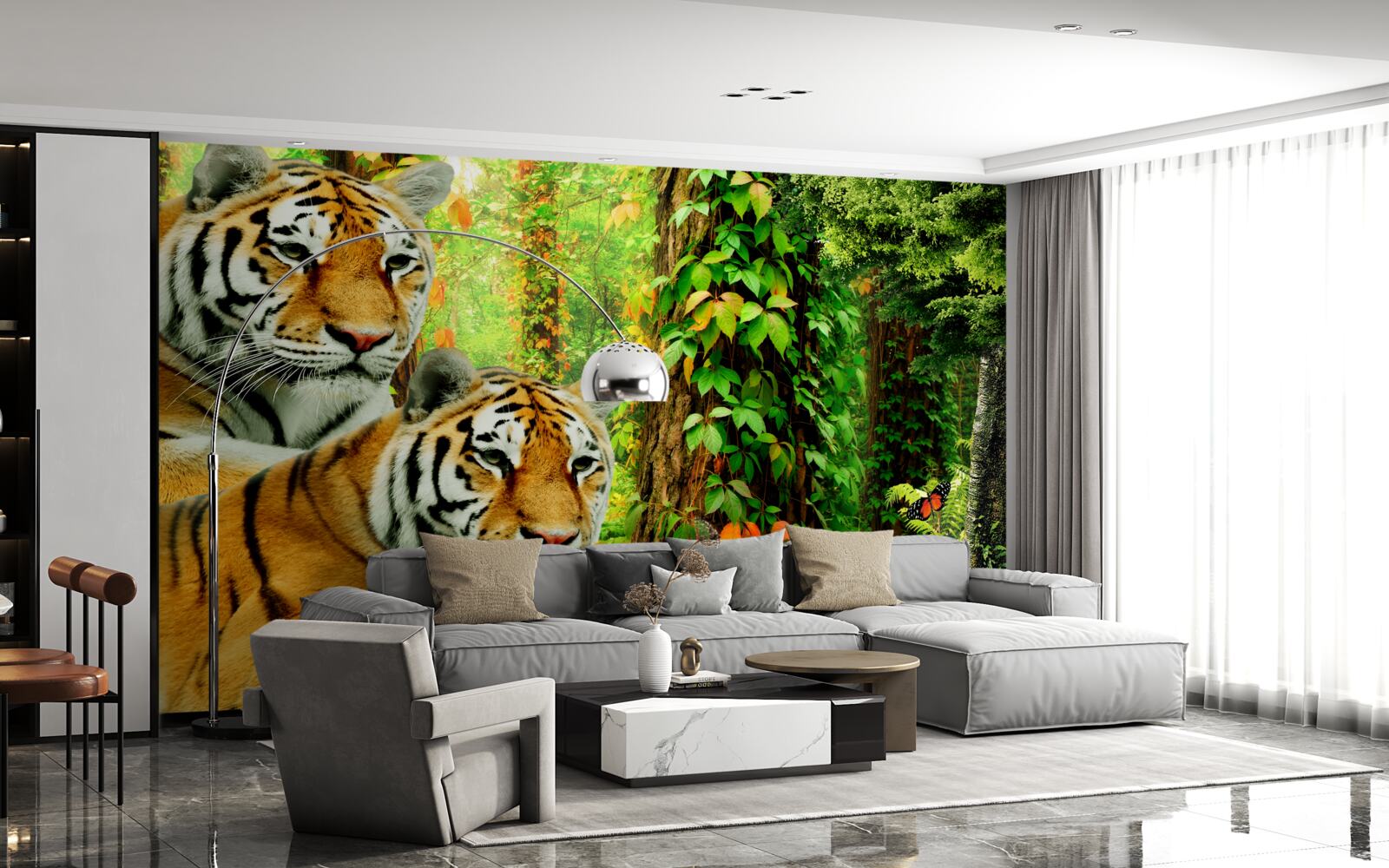 Fotobehang een tijgerfamilie in een groen woud