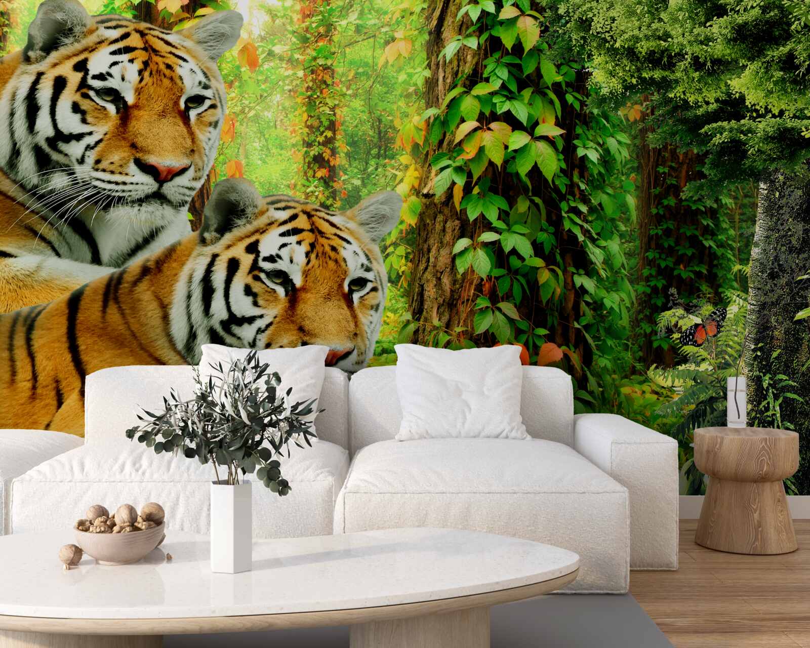 Fotobehang een tijgerfamilie in een groen woud