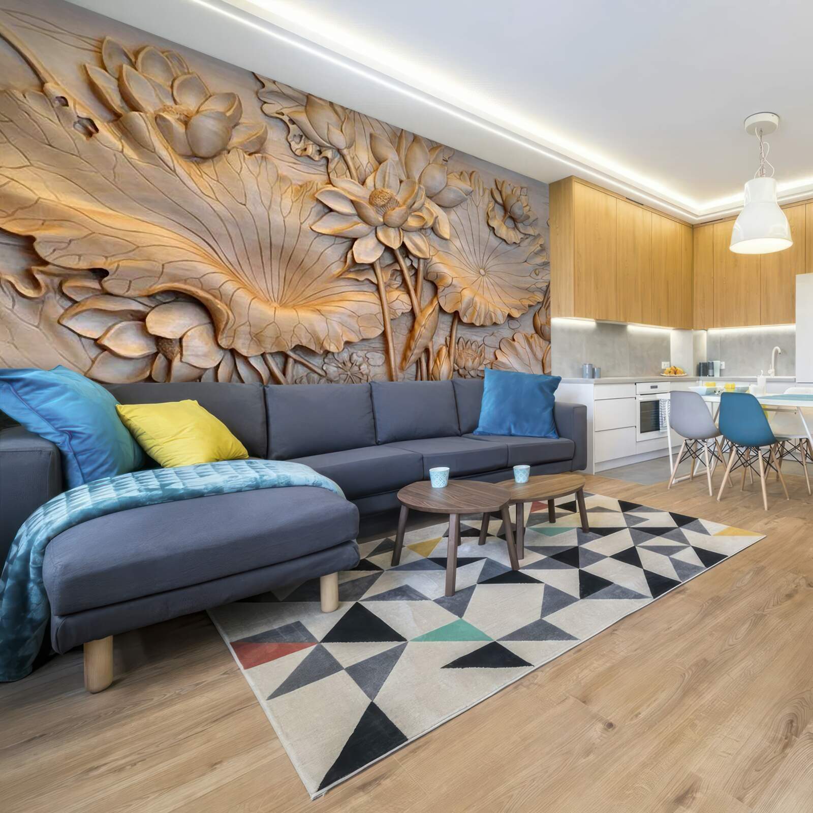 Fotobehang compositie van bloemen en bladeren in een ordelijk arrangement