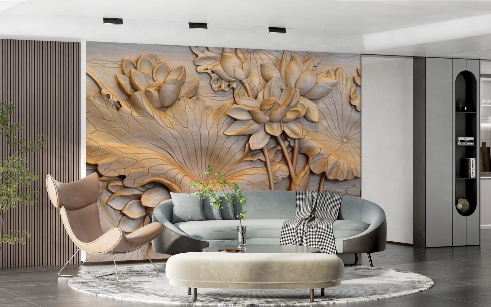 Fotobehang compositie van bloemen en bladeren in een ordelijk arrangement