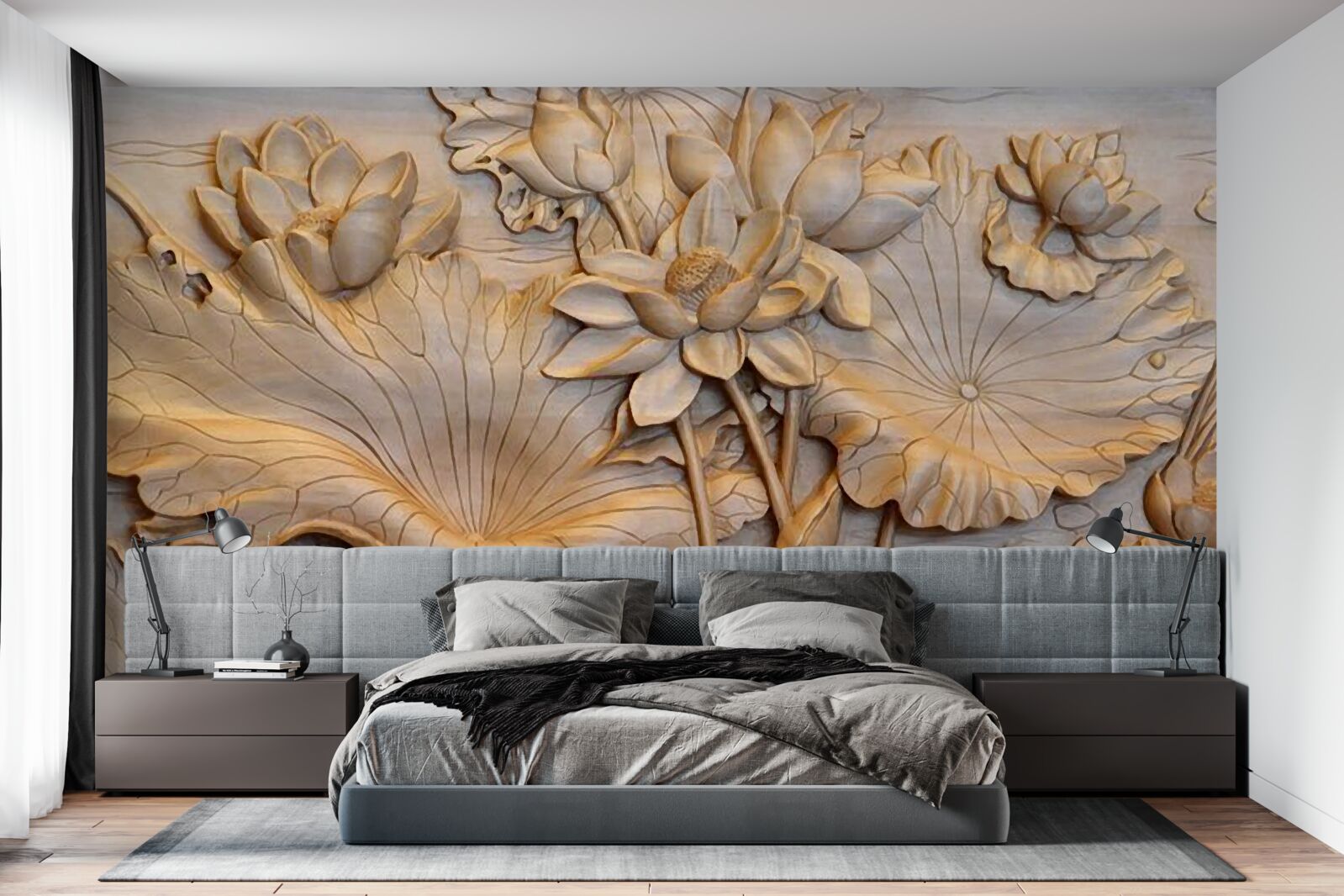 Fotobehang compositie van bloemen en bladeren in een ordelijk arrangement