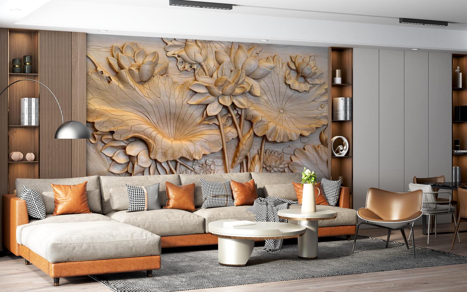 Fotobehang compositie van bloemen en bladeren in een ordelijk arrangement