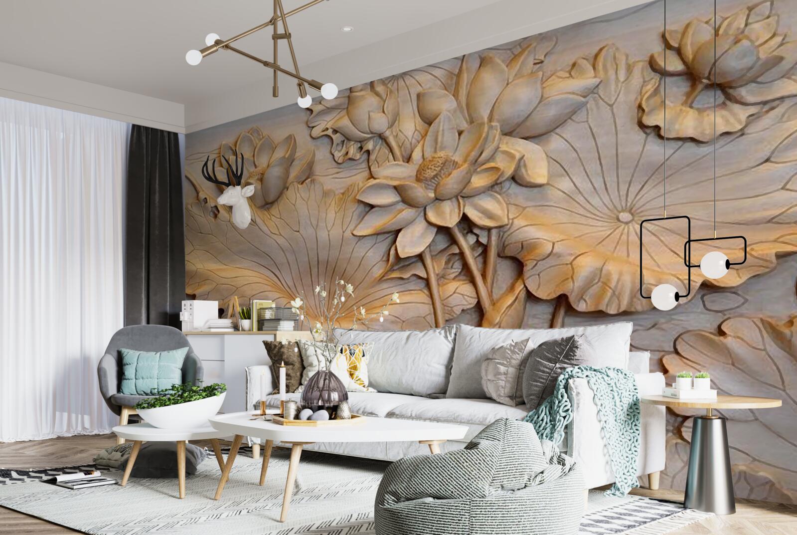 Fotobehang compositie van bloemen en bladeren in een ordelijk arrangement