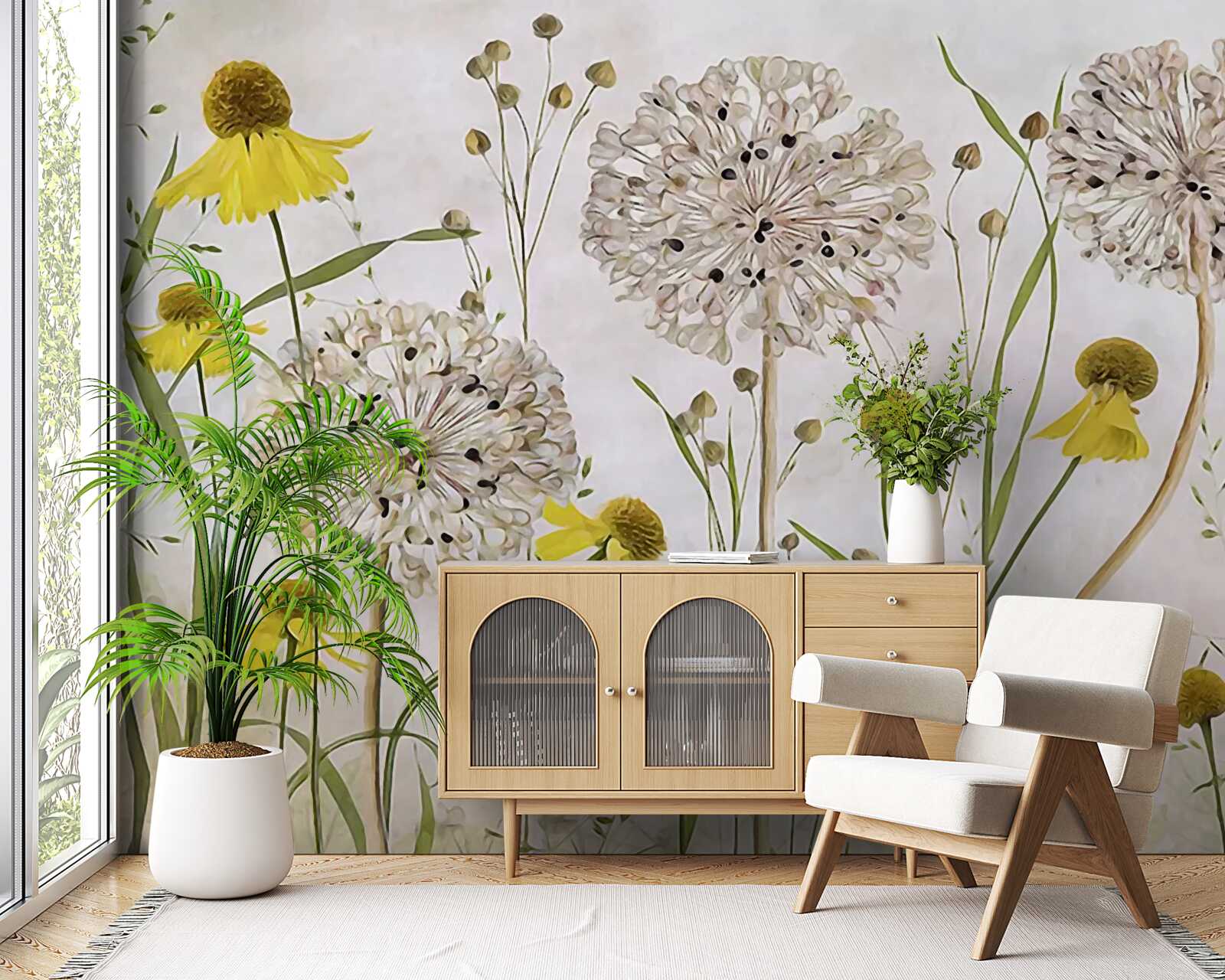 Fotobehang paardebloemen in de wei en gele flora