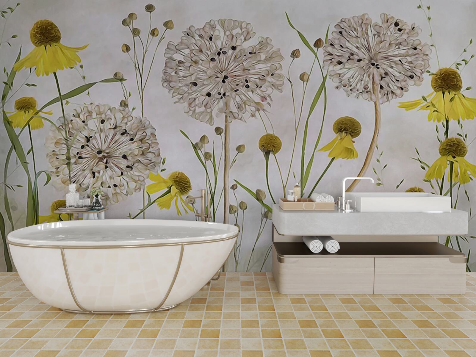 Fotobehang paardebloemen in de wei en gele flora