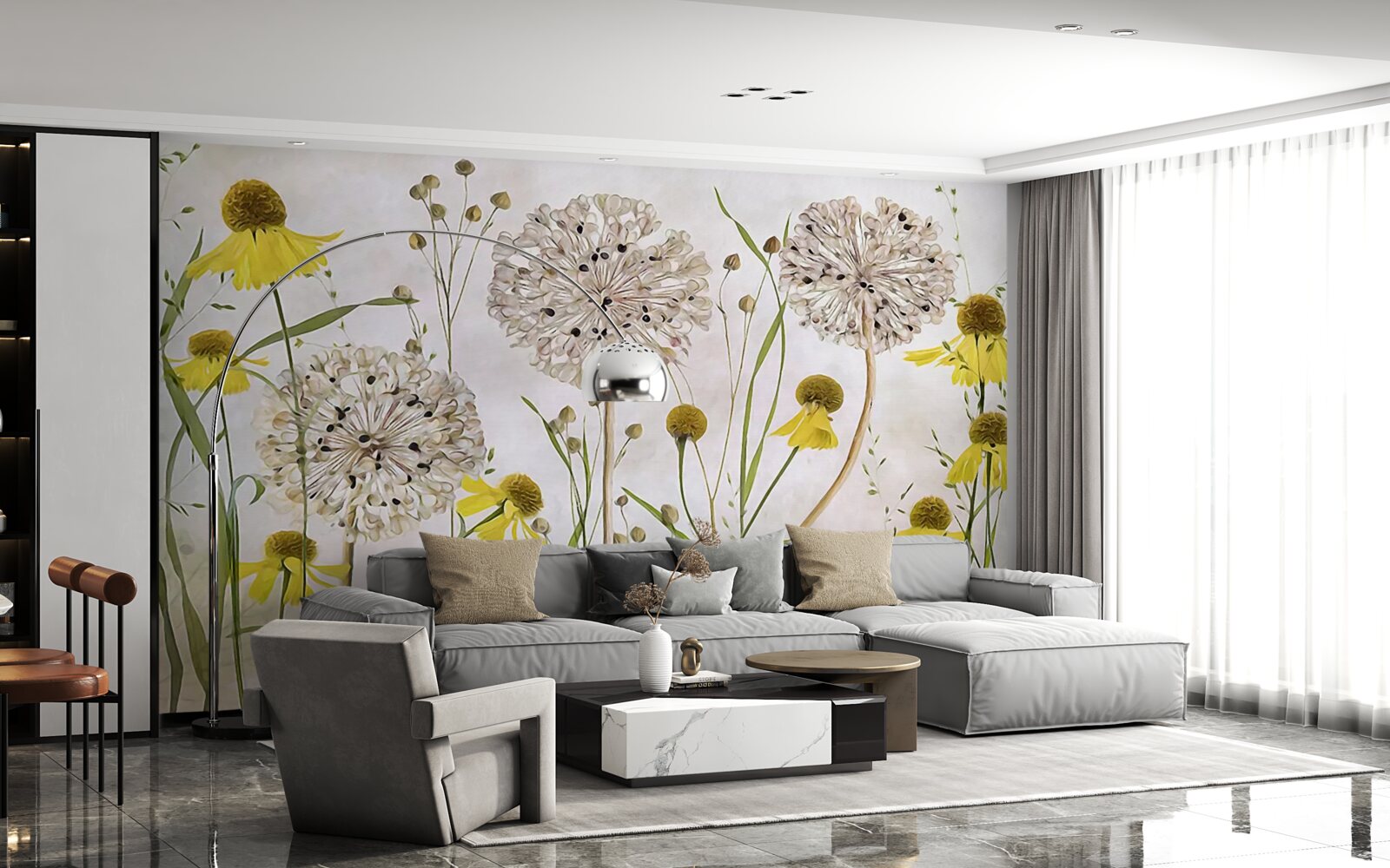 Fotobehang paardebloemen in de wei en gele flora