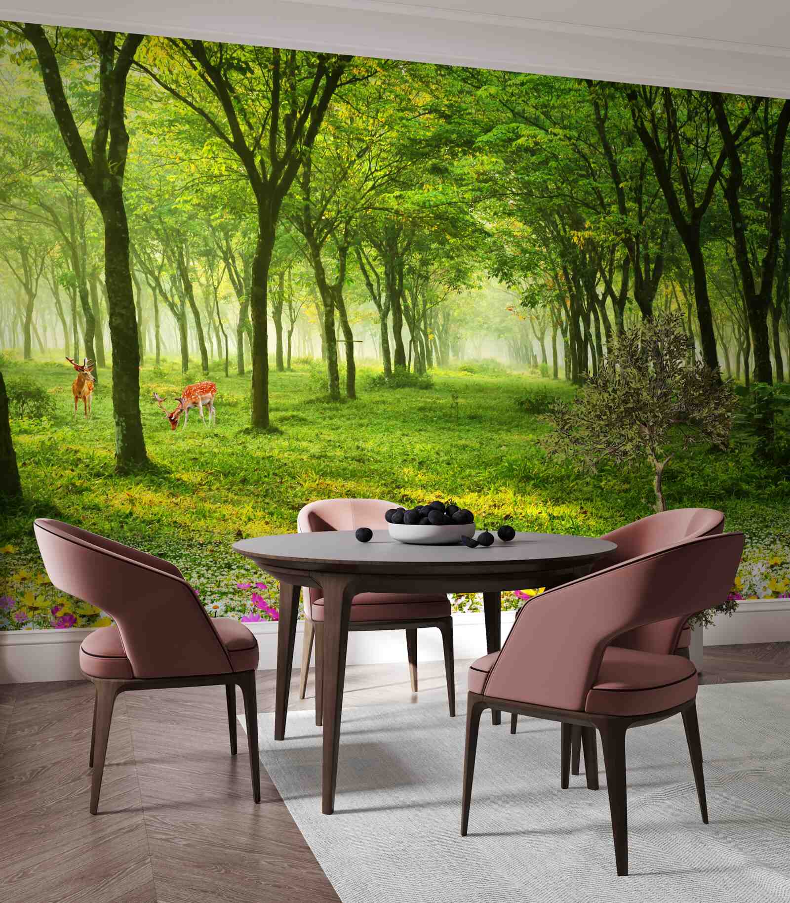 Fotobehang Prachtig uitzicht op een bos met herten op een groene achtergrond