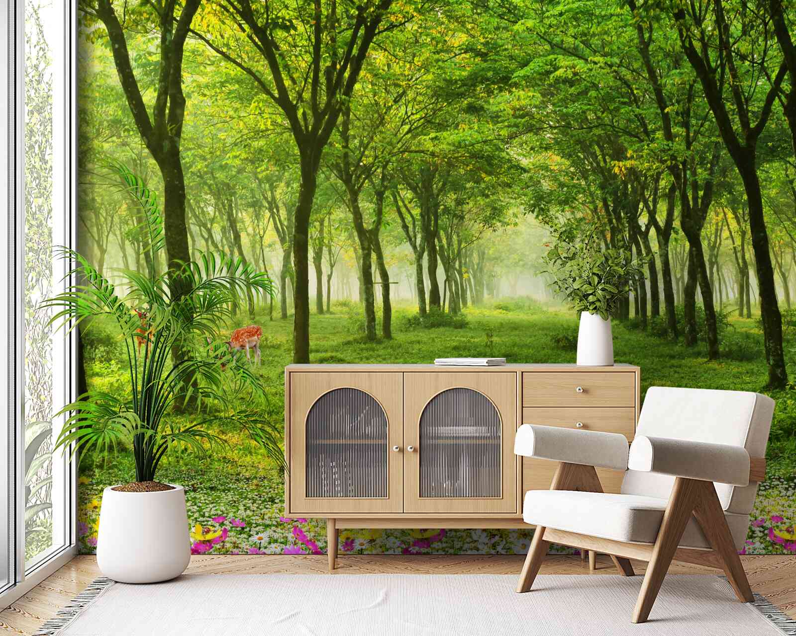 Fotobehang Prachtig uitzicht op een bos met herten op een groene achtergrond