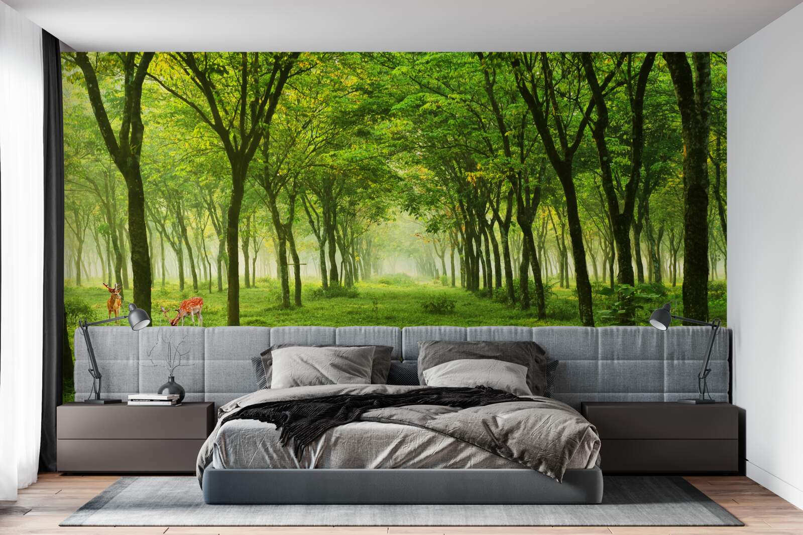 Fotobehang Prachtig uitzicht op een bos met herten op een groene achtergrond