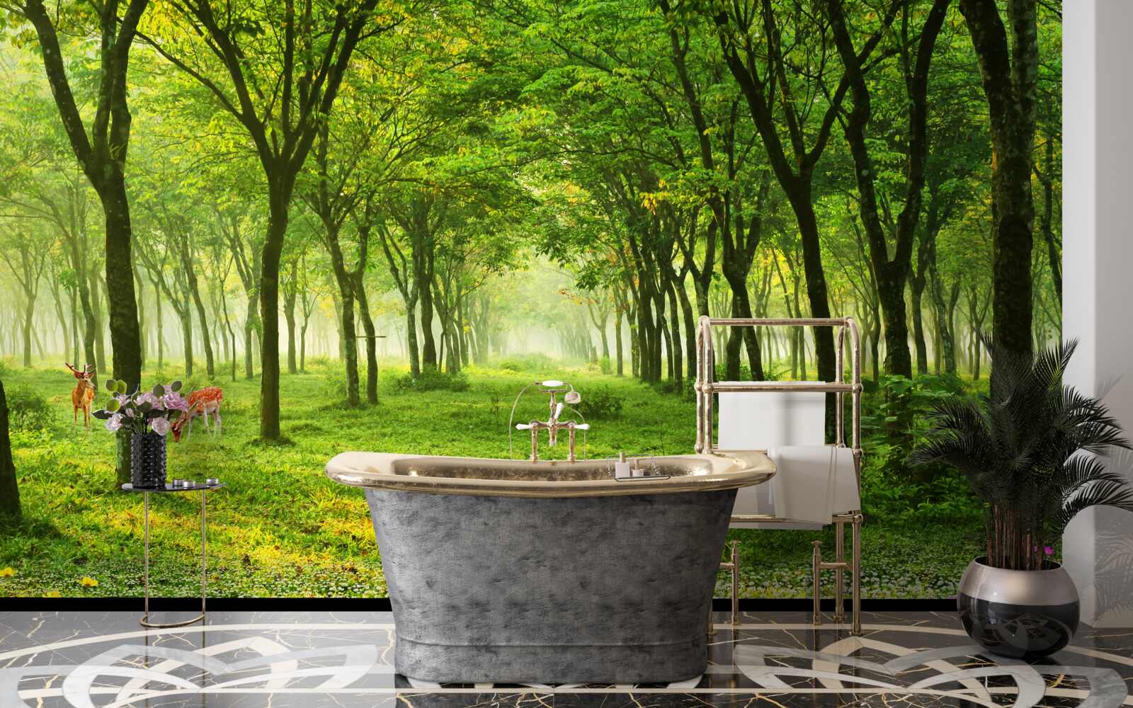 Fotobehang Prachtig uitzicht op een bos met herten op een groene achtergrond