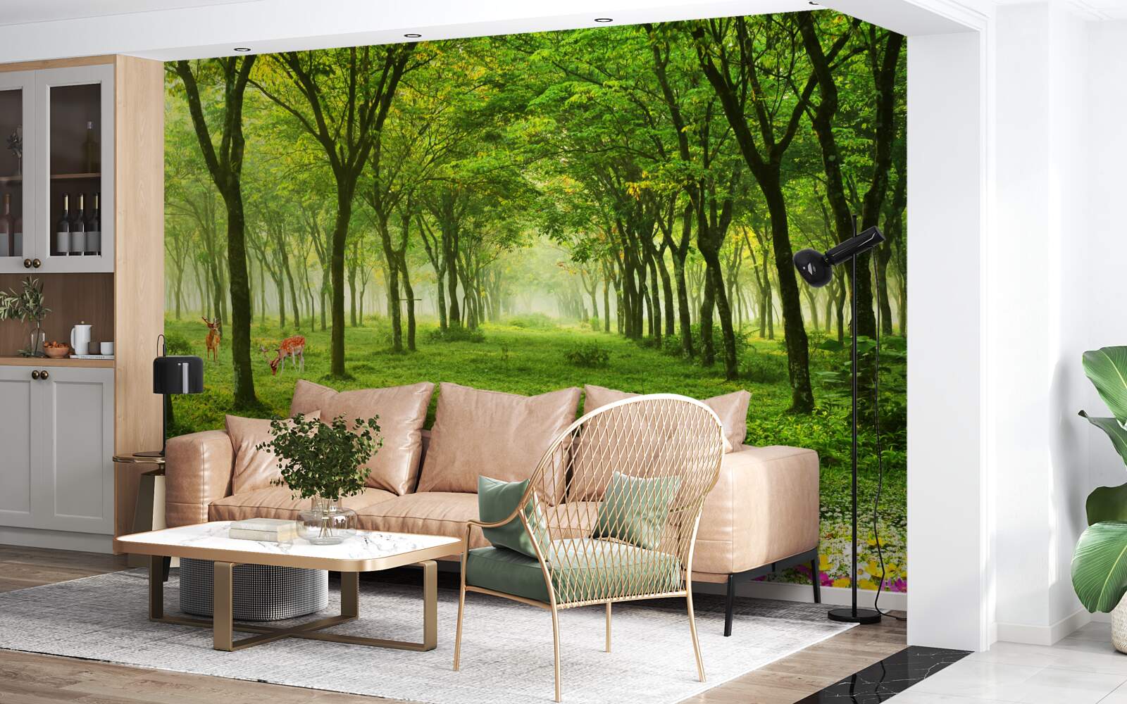 Fotobehang Prachtig uitzicht op een bos met herten op een groene achtergrond