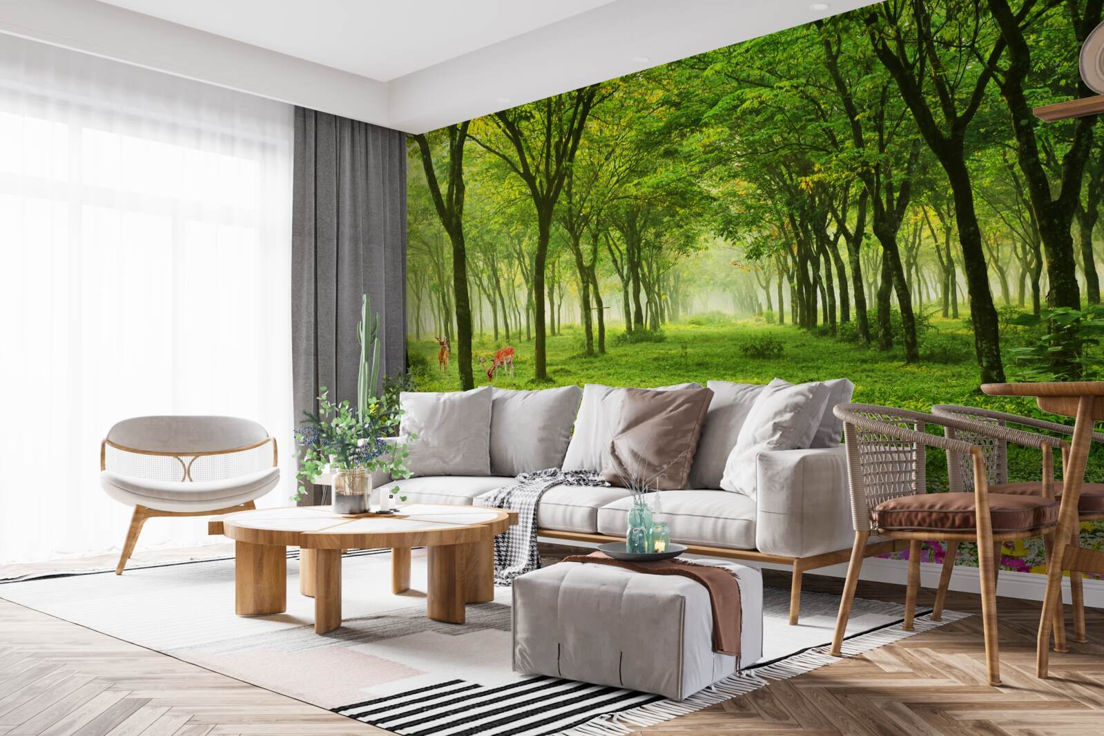 Fotobehang Prachtig uitzicht op een bos met herten op een groene achtergrond