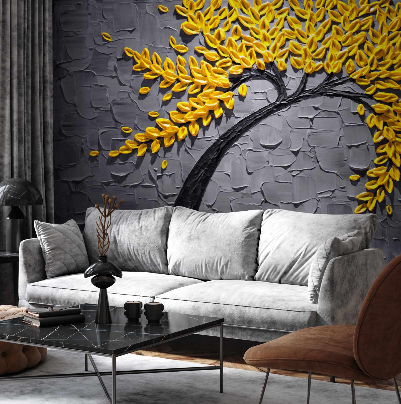 Fotobehang herfstbladeren glinsteren in heldergele tinten