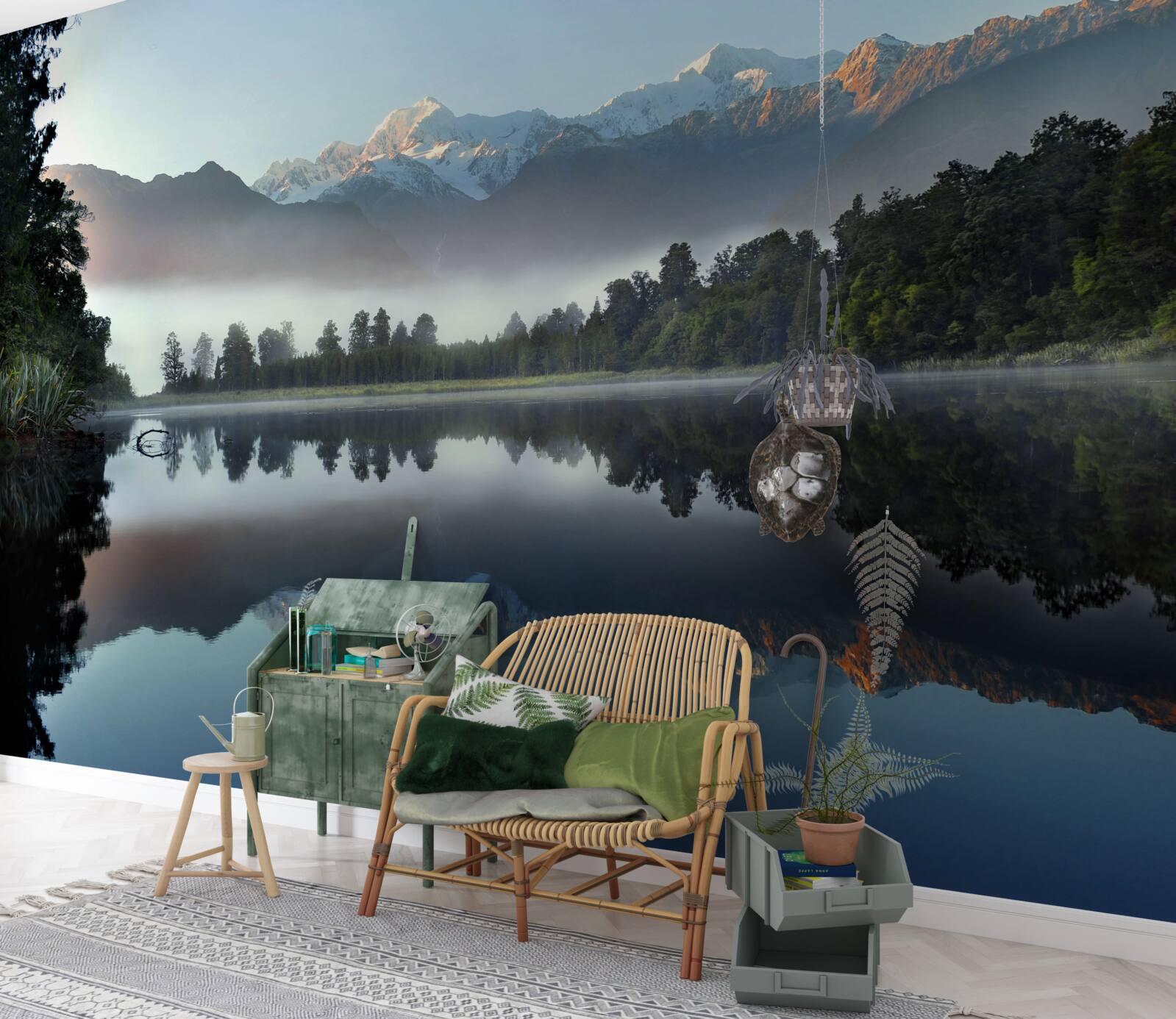 Fotobehang de top van een bergmeer is in mist gehuld