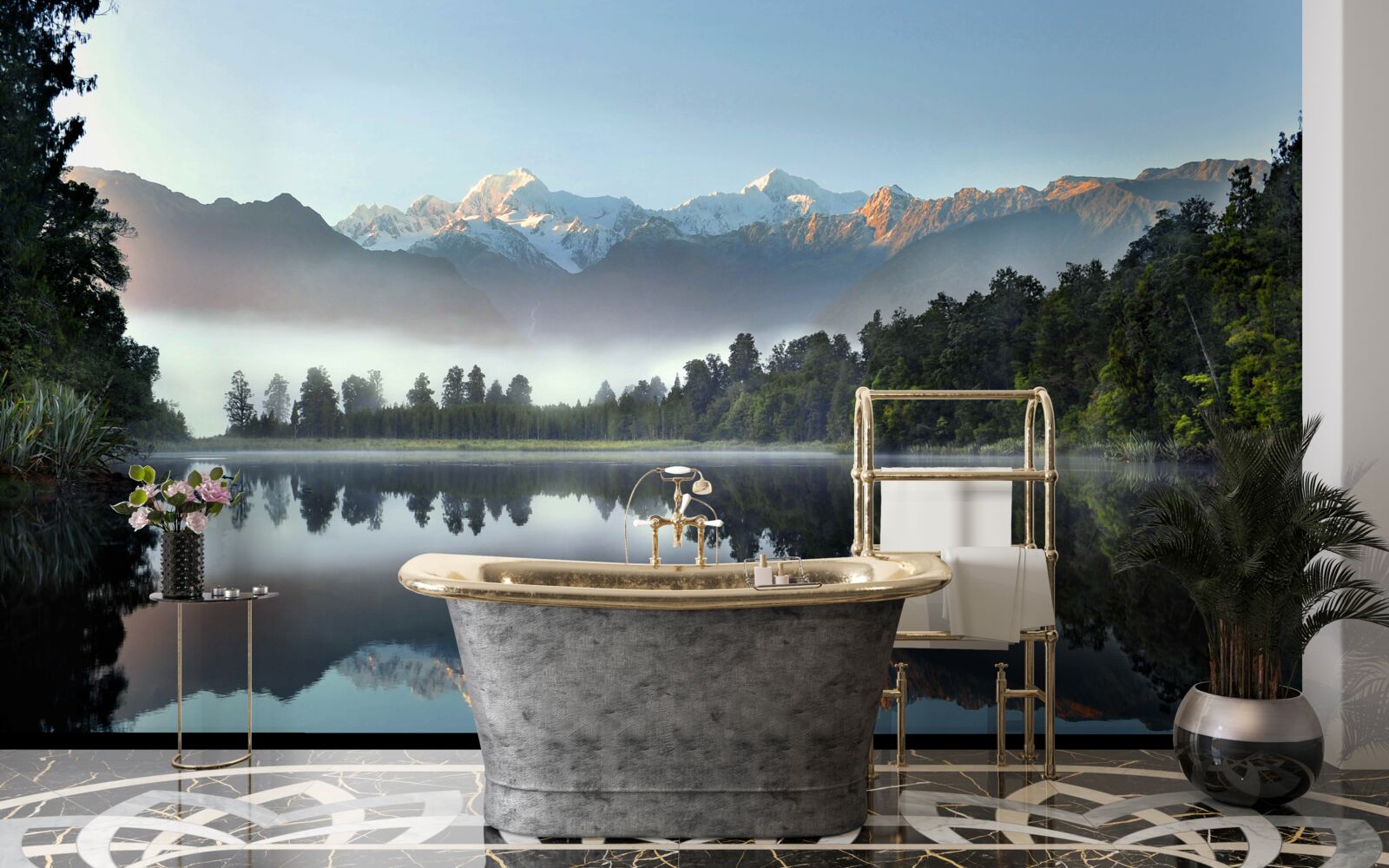 Fotobehang de top van een bergmeer is in mist gehuld