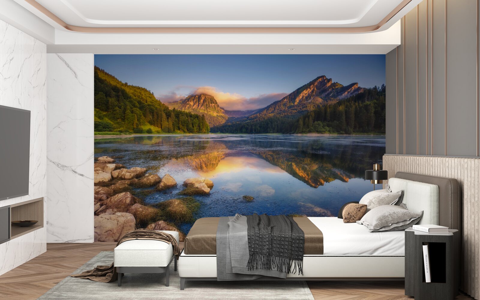 Fotobehang zonsondergang boven een rustig bergmeer