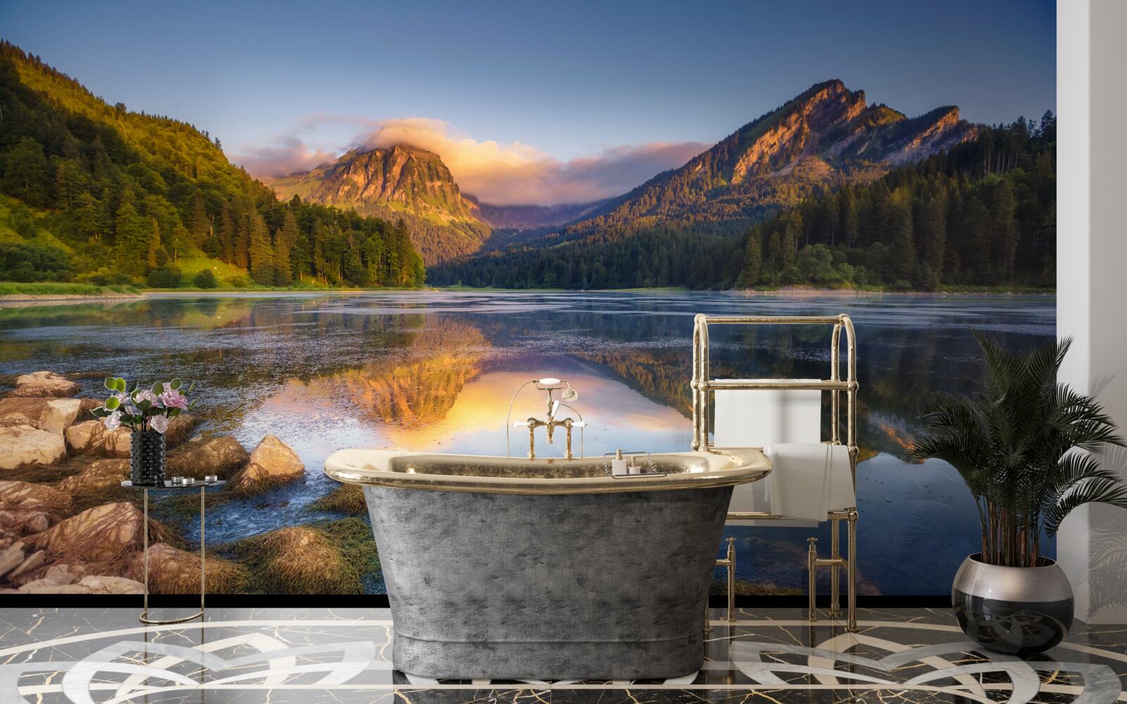 Fotobehang zonsondergang boven een rustig bergmeer