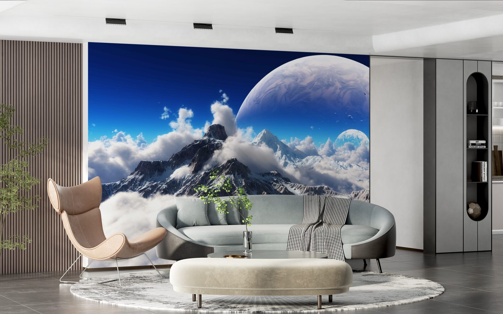 Fotobehang de bewolkte hemel boven de bergen is gevuld met kosmische grootsheid