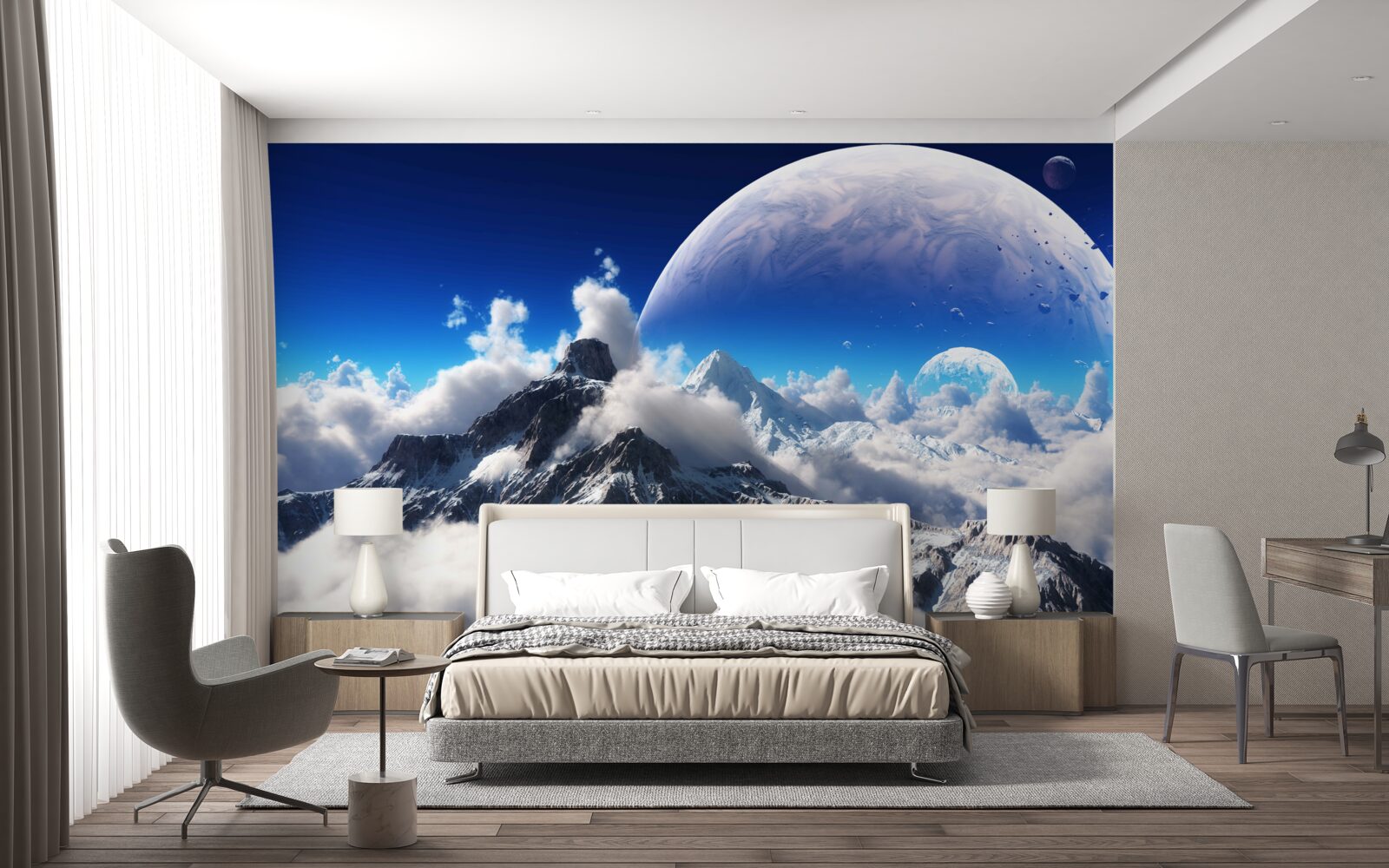 Fotobehang de bewolkte hemel boven de bergen is gevuld met kosmische grootsheid