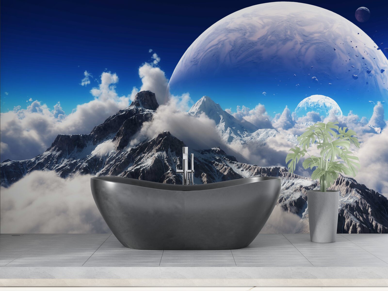 Fotobehang de bewolkte hemel boven de bergen is gevuld met kosmische grootsheid