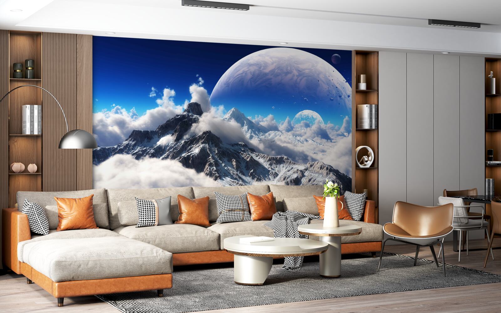 Fotobehang de bewolkte hemel boven de bergen is gevuld met kosmische grootsheid