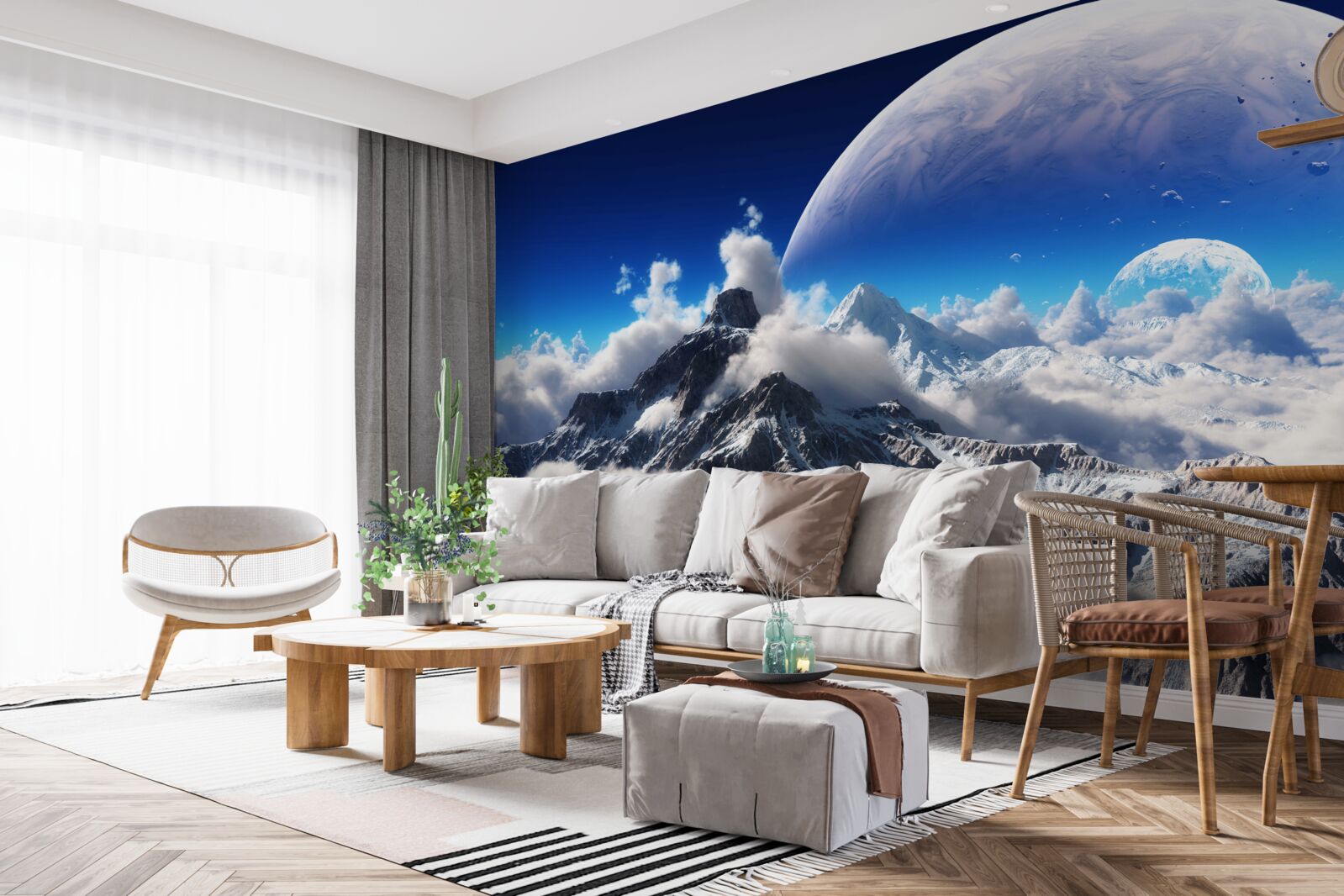 Fotobehang de bewolkte hemel boven de bergen is gevuld met kosmische grootsheid
