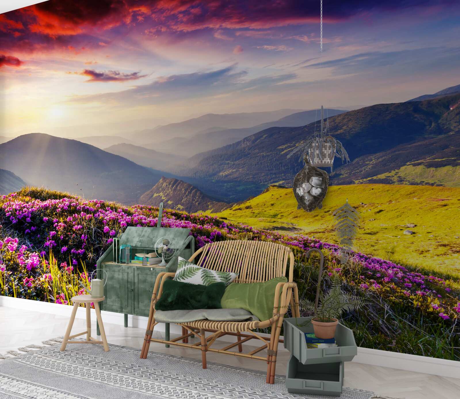 Fotobehang bij zonsopgang komen de bergheuvels tot leven met levendige kleuren