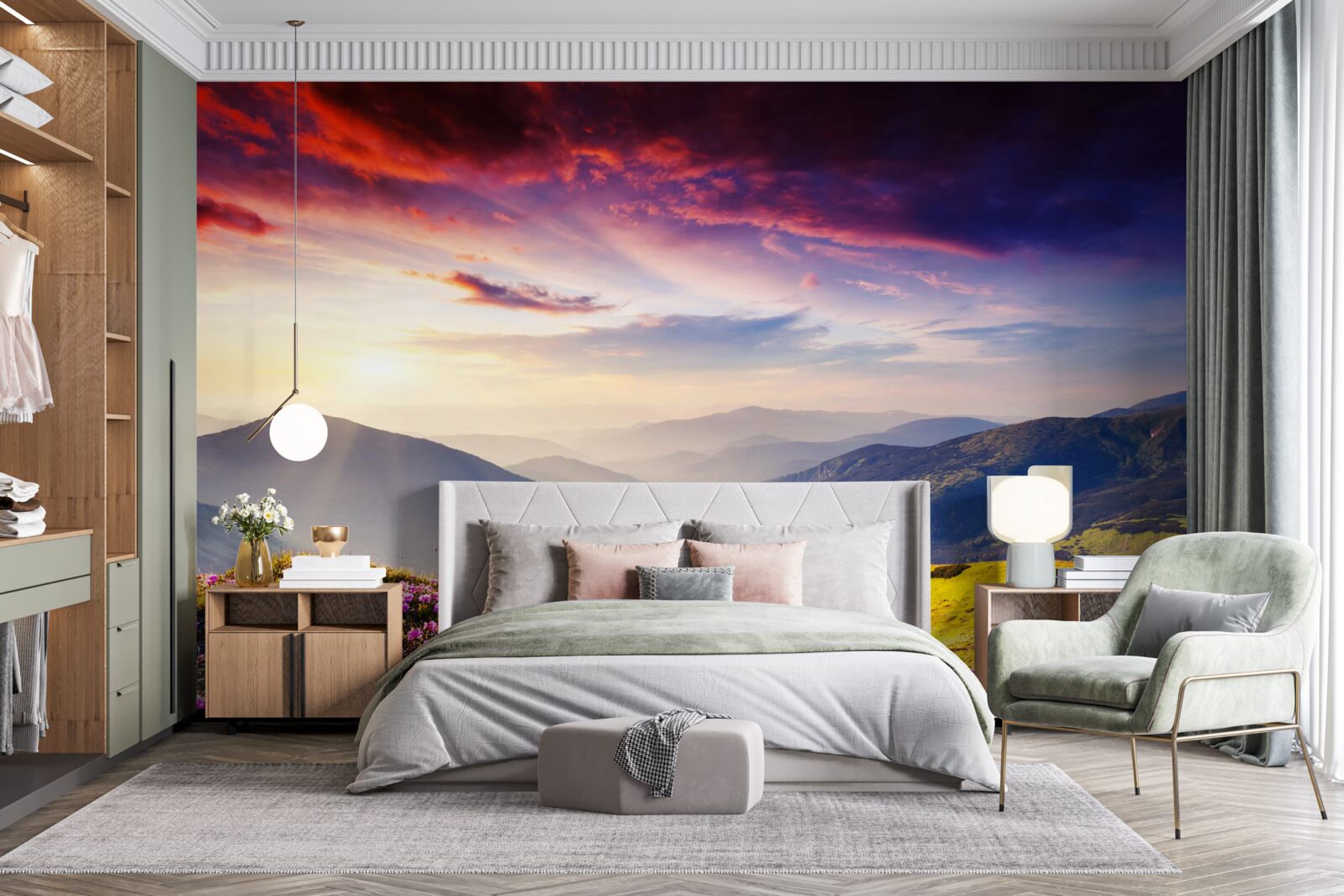 Fotobehang bij zonsopgang komen de bergheuvels tot leven met levendige kleuren