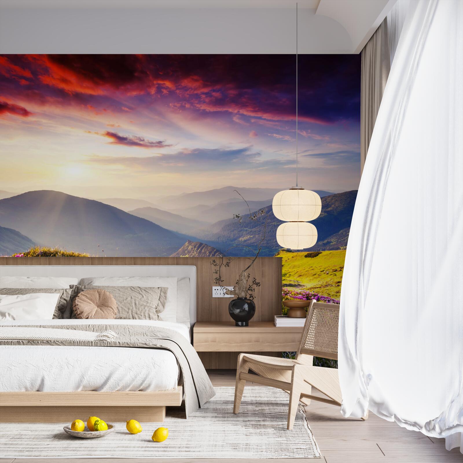 Fotobehang bij zonsopgang komen de bergheuvels tot leven met levendige kleuren