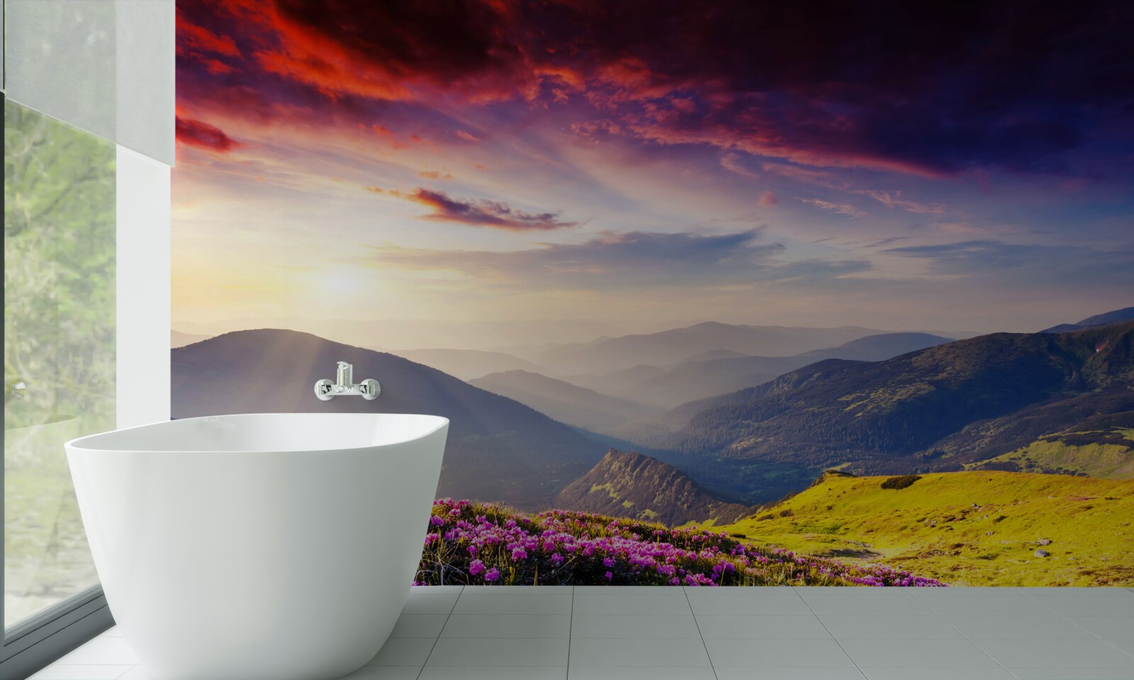 Fotobehang bij zonsopgang komen de bergheuvels tot leven met levendige kleuren