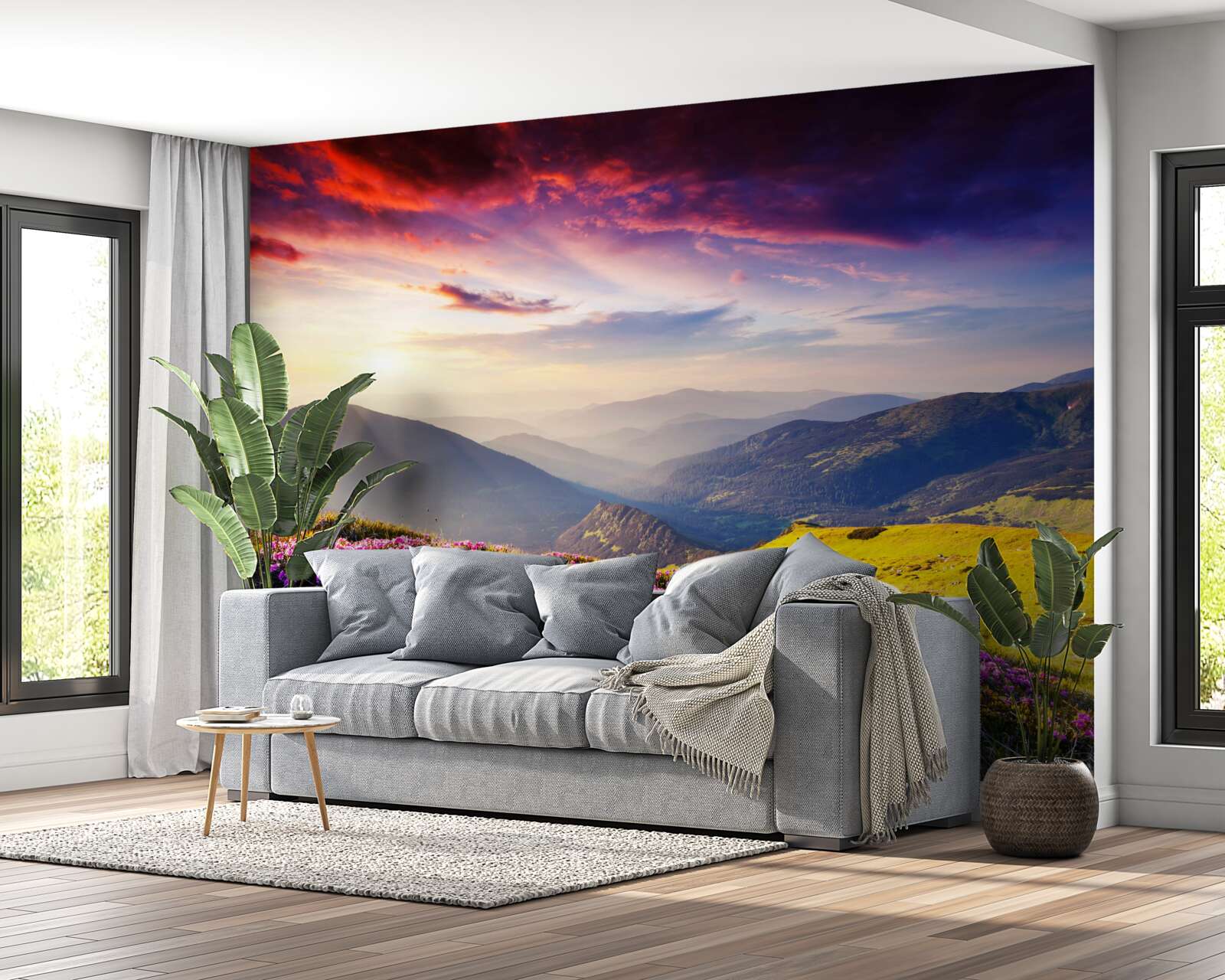 Fotobehang bij zonsopgang komen de bergheuvels tot leven met levendige kleuren