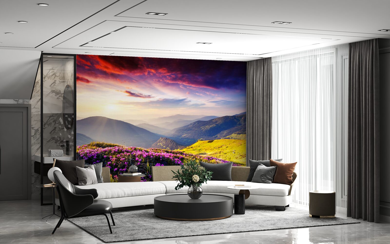 Fotobehang bij zonsopgang komen de bergheuvels tot leven met levendige kleuren