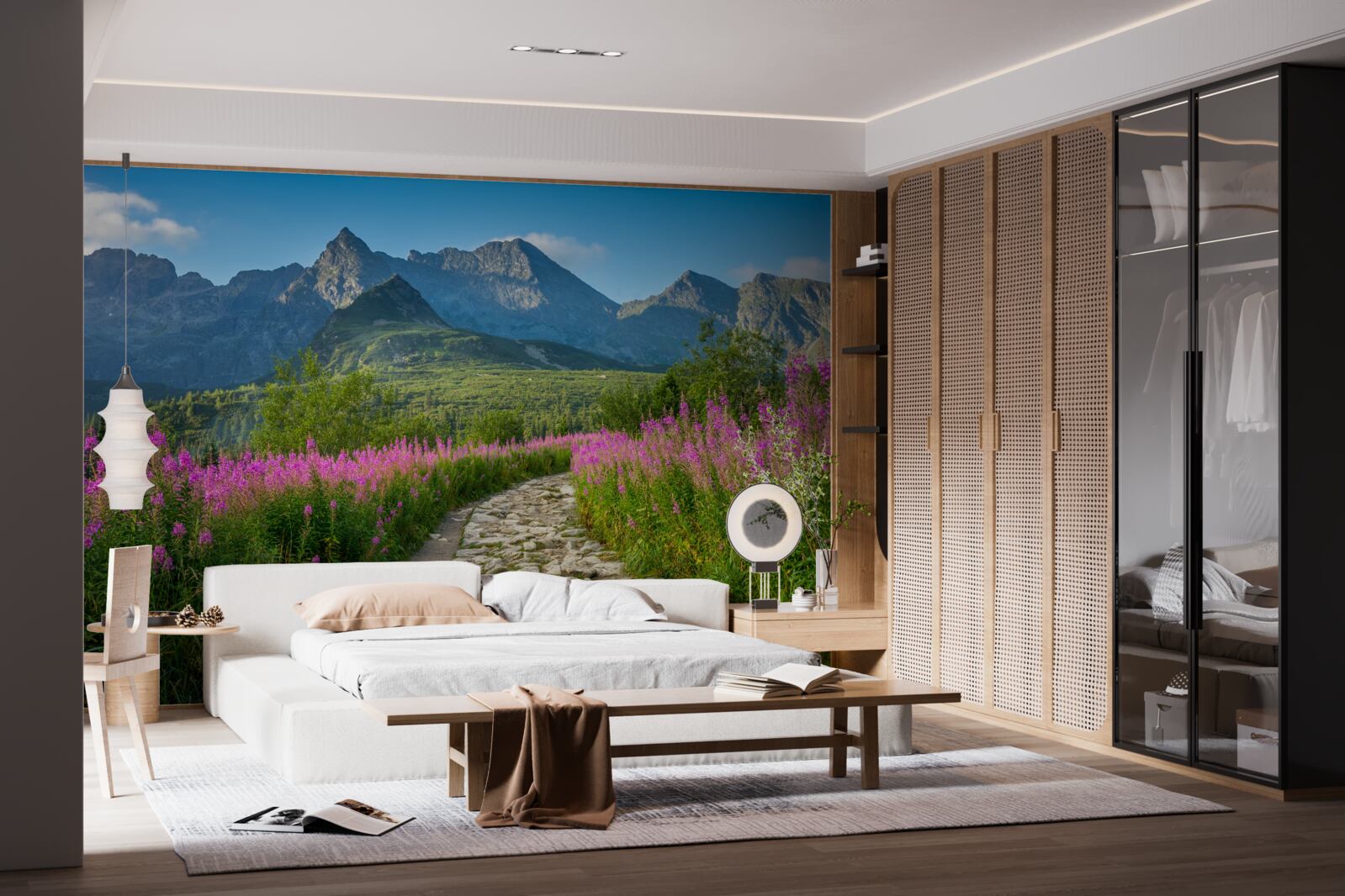 Fotobehang Pad in het midden van een bloeiend veld in een bergachtig gebied