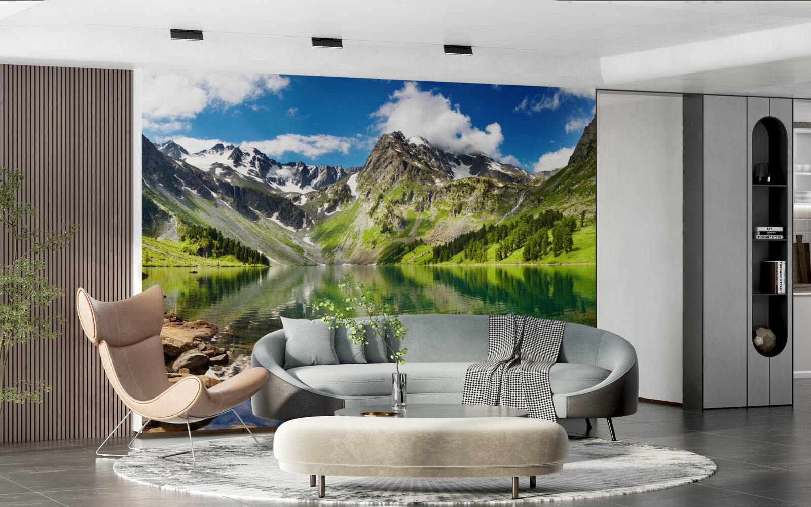 Fotobehang kalm water van een meer in de bergen op een zomerse dag