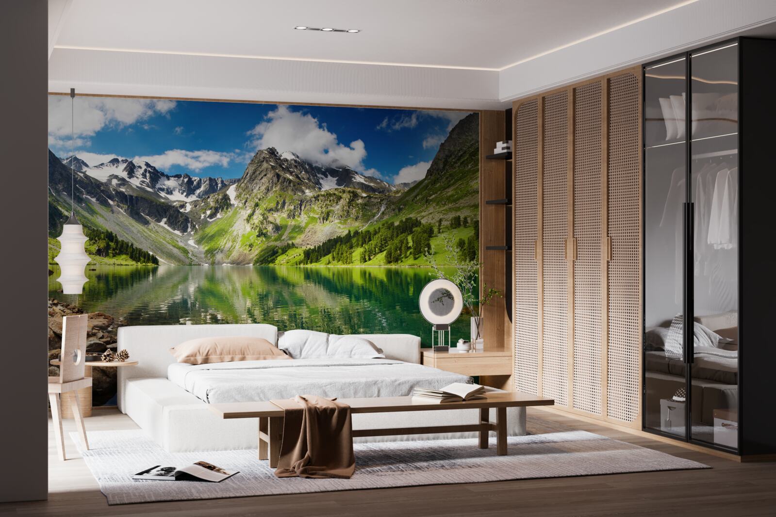 Fotobehang kalm water van een meer in de bergen op een zomerse dag