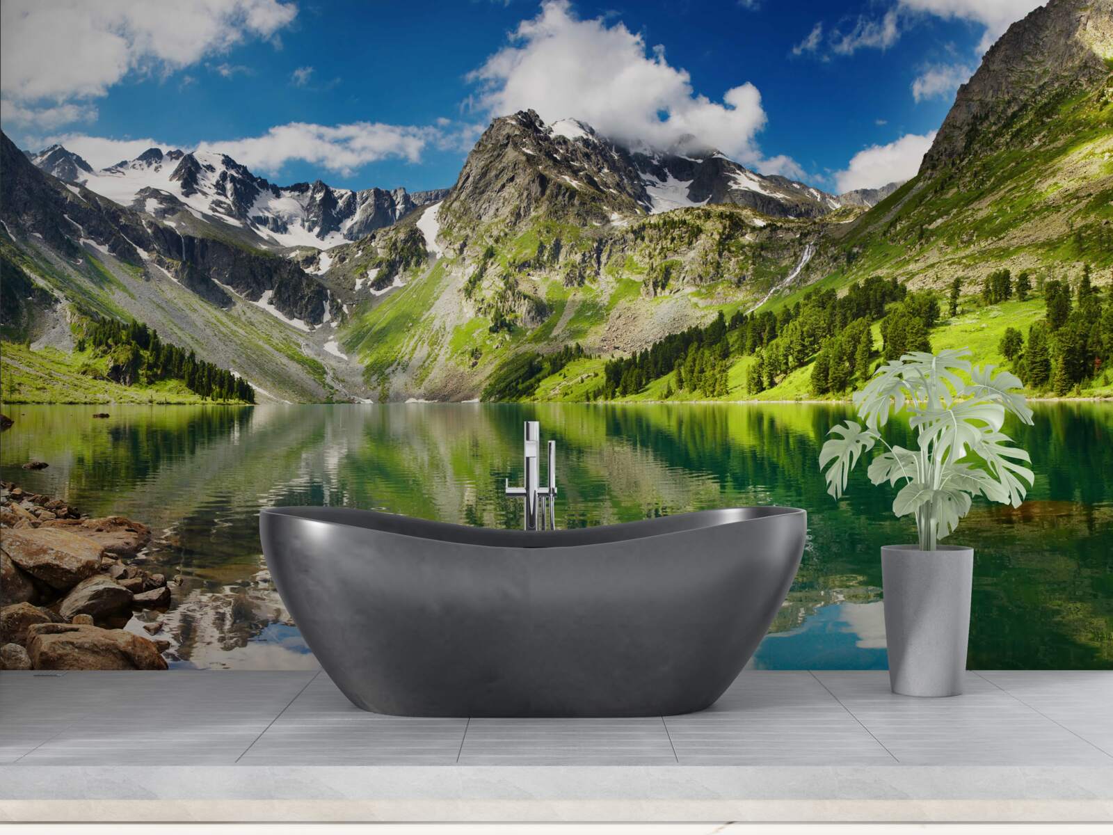 Fotobehang kalm water van een meer in de bergen op een zomerse dag