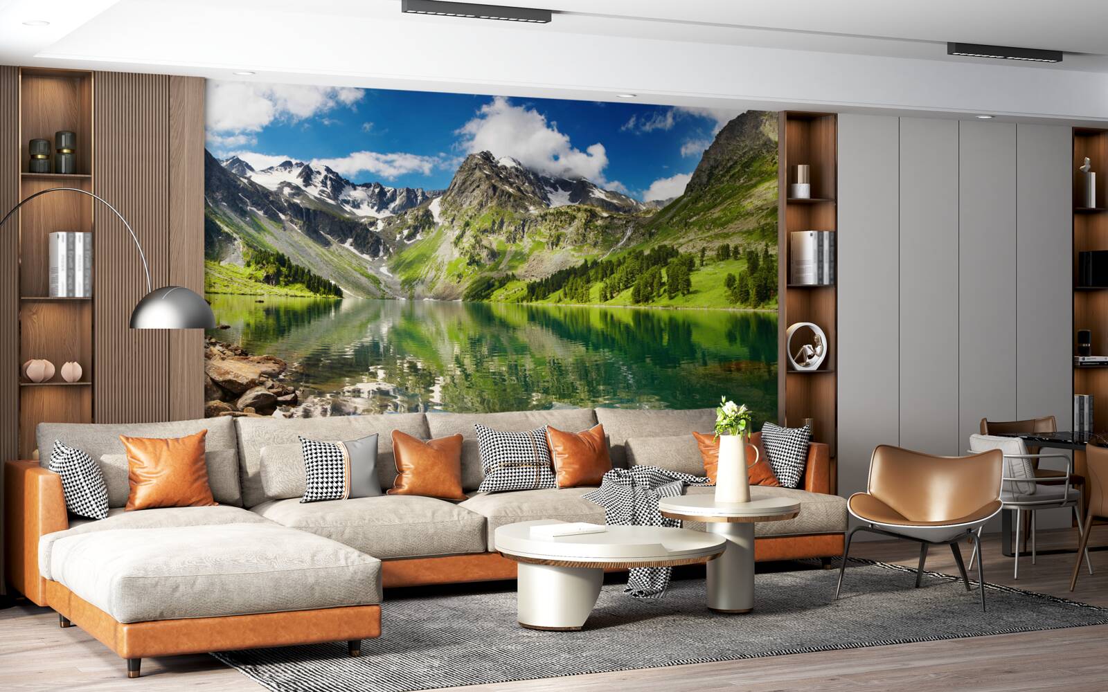 Fotobehang kalm water van een meer in de bergen op een zomerse dag