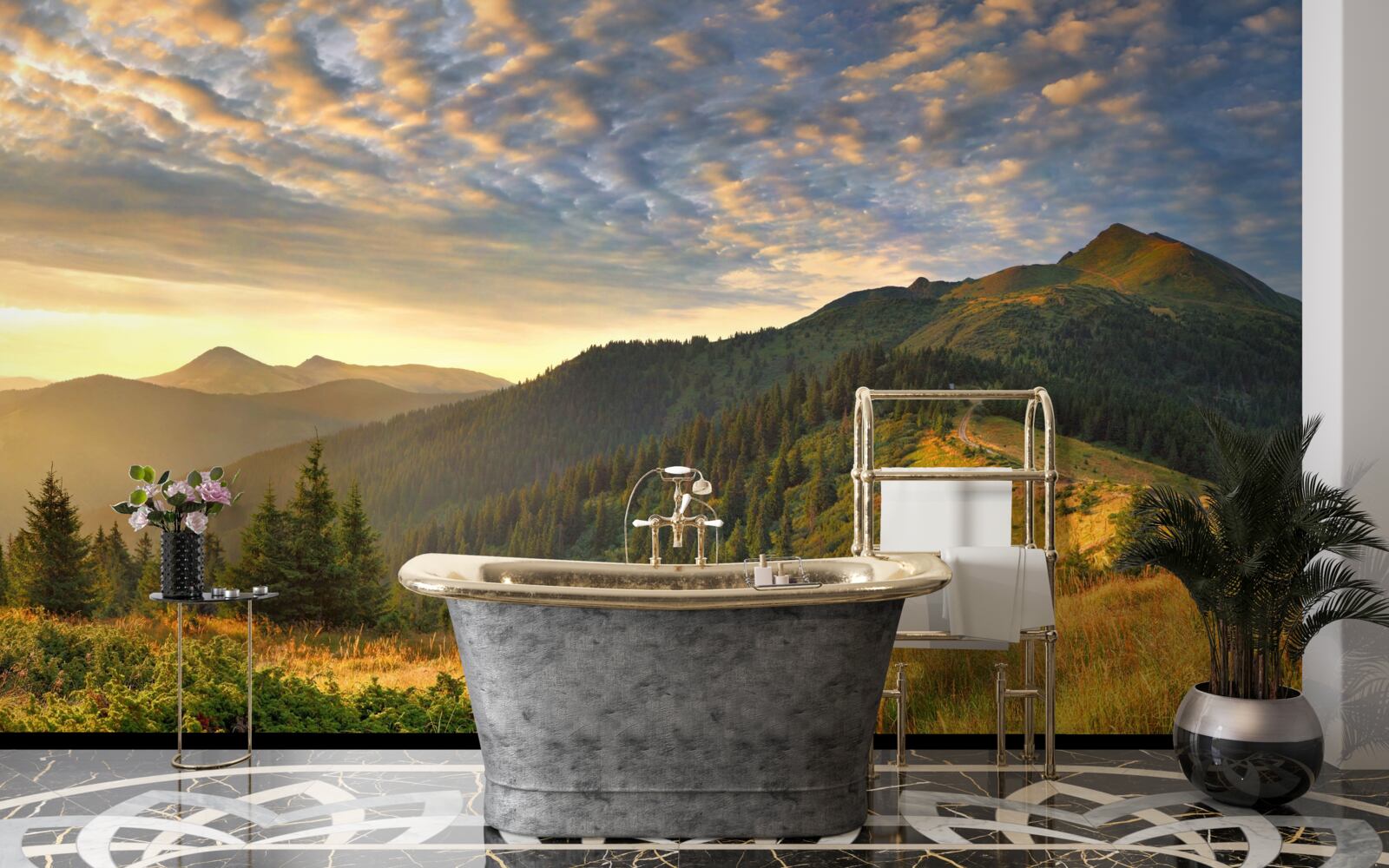 Fotobehang de wolken boven de bergen zijn geschilderd in de warme kleuren van de zonsondergang