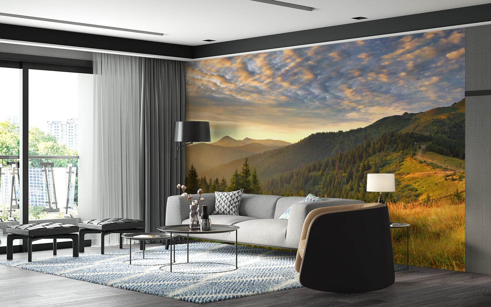 Fotobehang de wolken boven de bergen zijn geschilderd in de warme kleuren van de zonsondergang