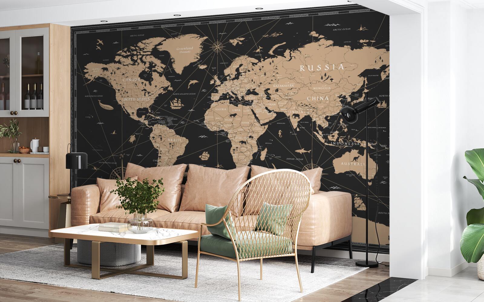 Fotobehang wereldkaart op donkere achtergrond