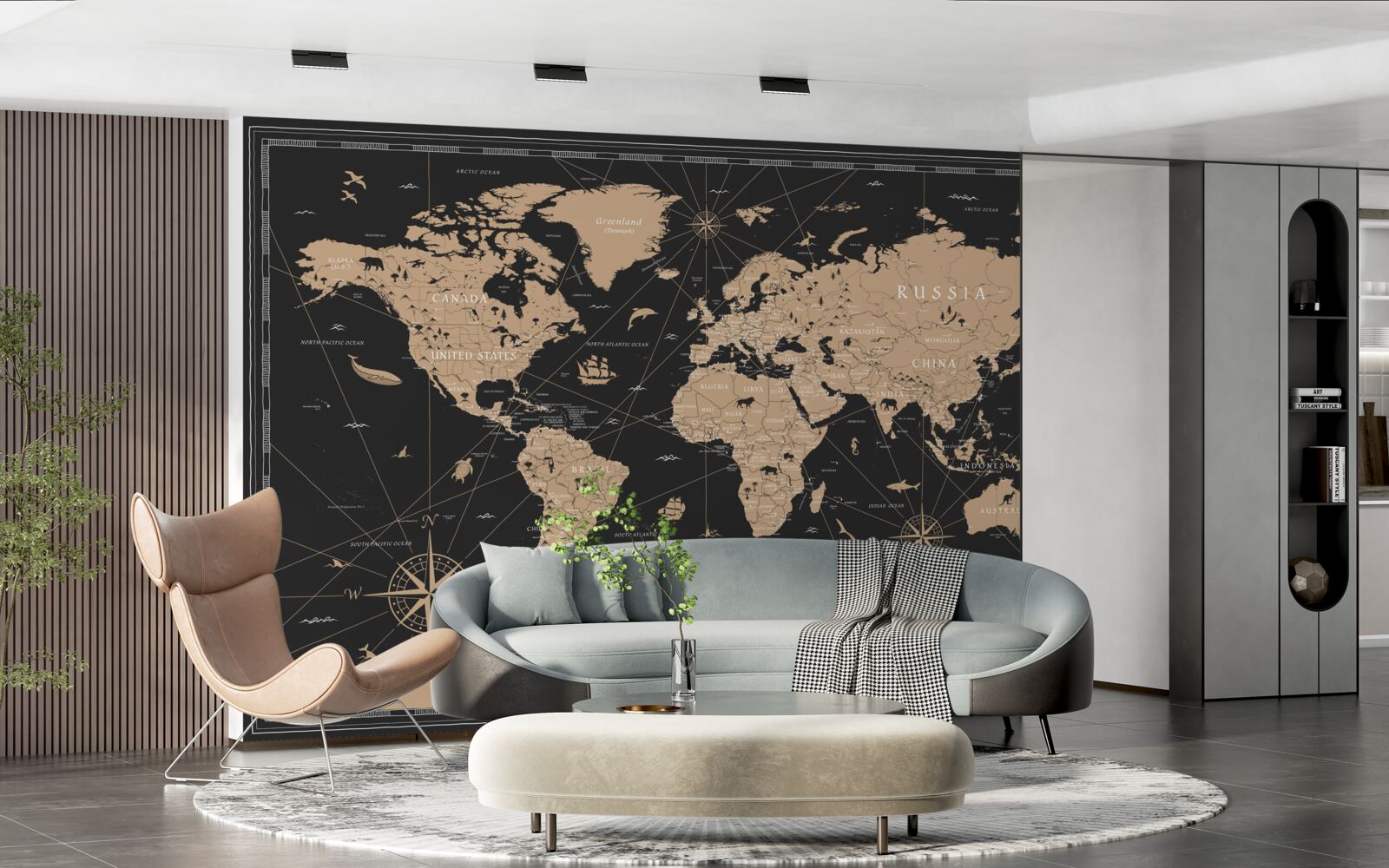 Fotobehang wereldkaart op donkere achtergrond