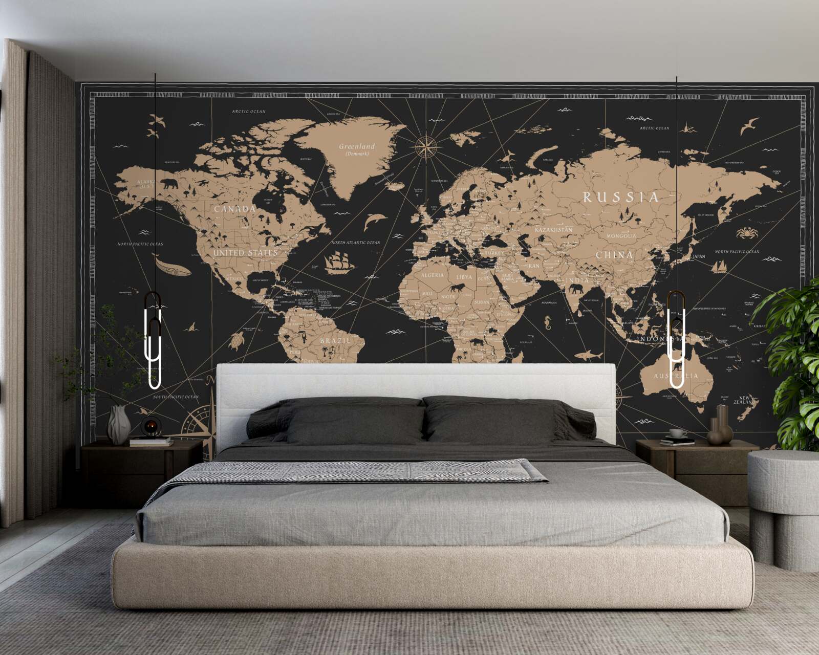 Fotobehang wereldkaart op donkere achtergrond