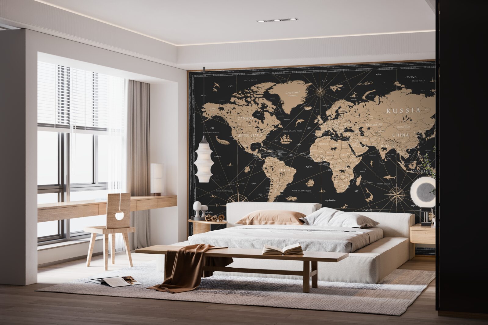 Fotobehang wereldkaart op donkere achtergrond