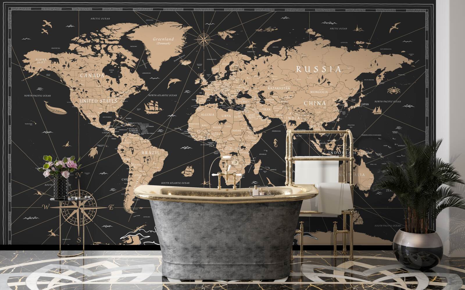 Fotobehang wereldkaart op donkere achtergrond