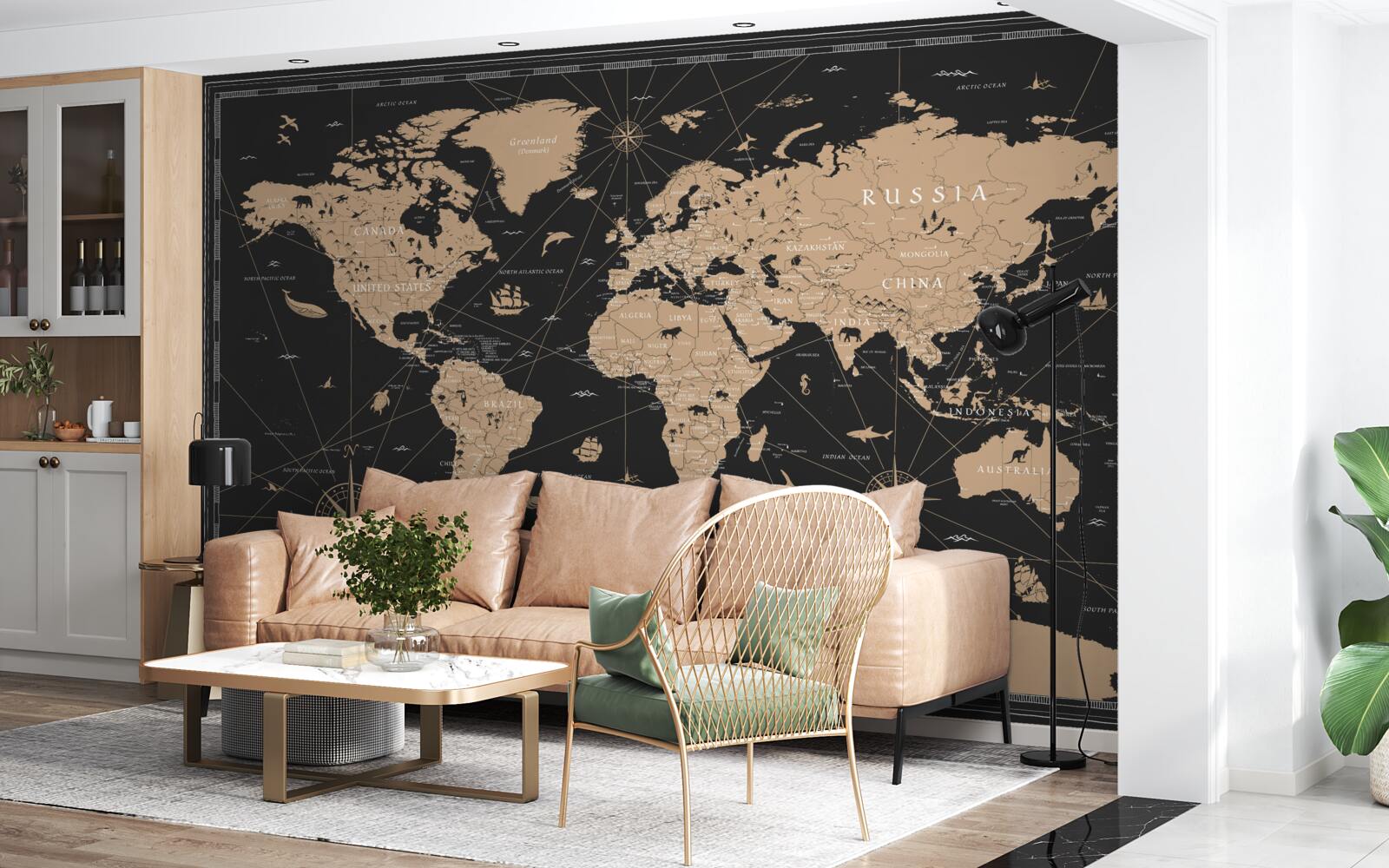 Fotobehang wereldkaart op donkere achtergrond