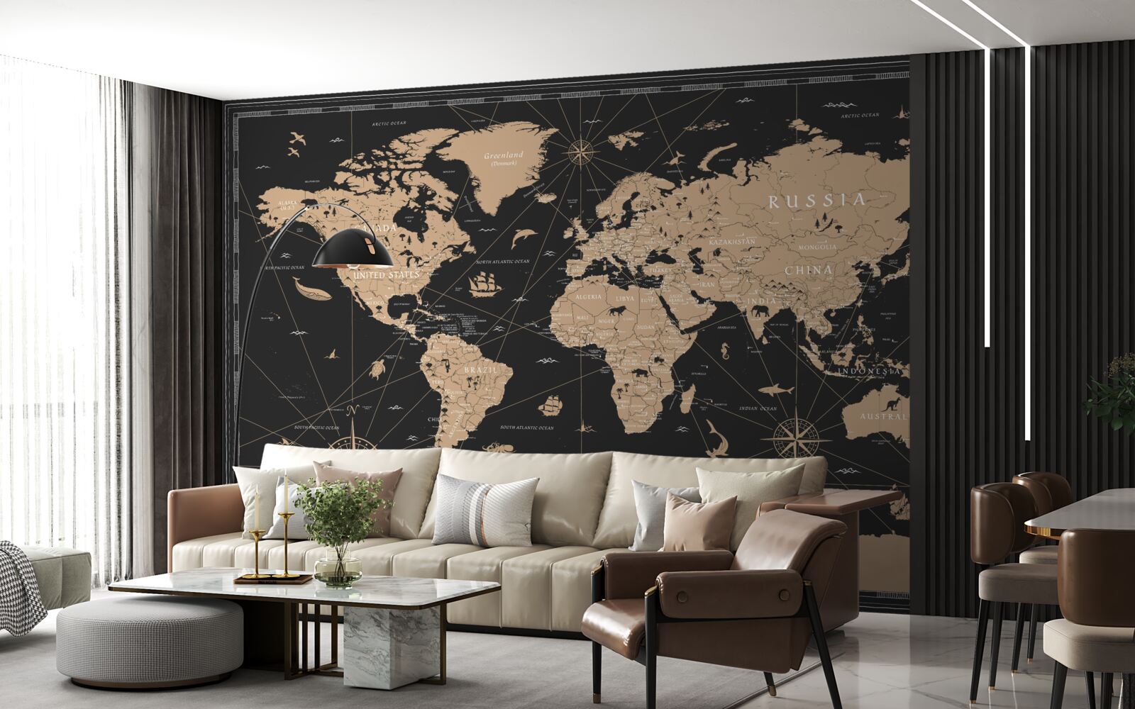 Fotobehang wereldkaart op donkere achtergrond