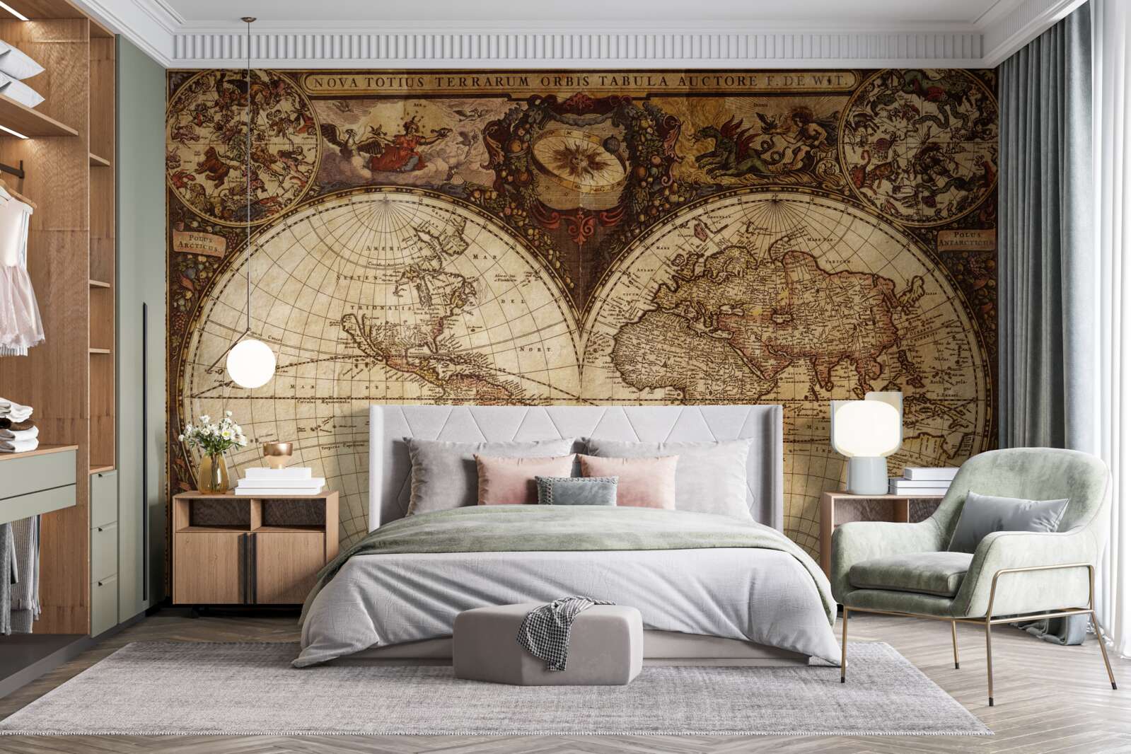 Fotobehang oude geografische kaart afgebeeld als twee halfronden